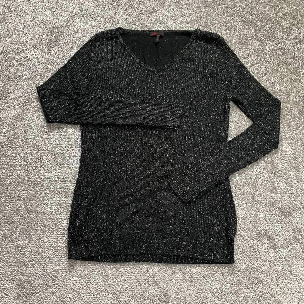 Sofia by Sofia Vergara Sweater Womens Large Black VNeck Pullover Sparkly Glitter